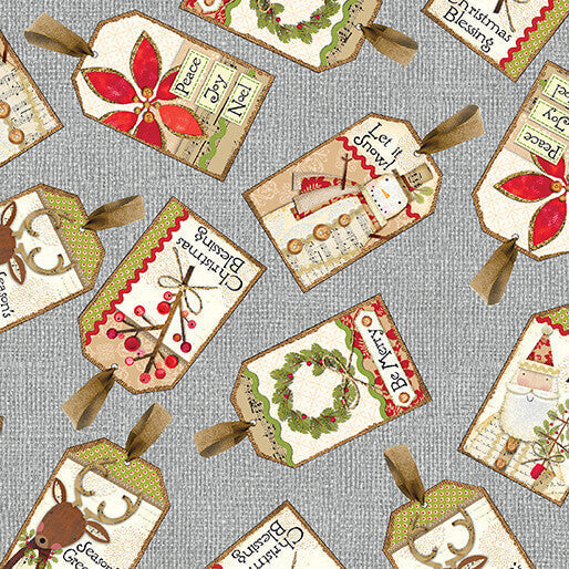 White Christmas - Tossed Tags - Grey (3-Yard Pack)