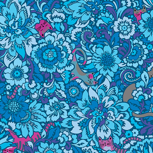 Elegant Kitties Blue Cheeto's World Cotton 44"/45" Fabric Per Yard
