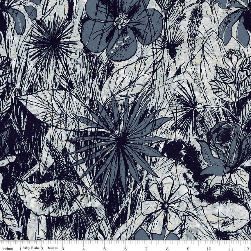 Expressions Batiks - Floral Reflections - Steel Sapphire