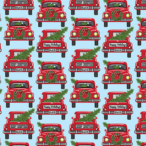 Country Christmas - Jolly Red Trucks - Sky Blue (3-Yard Pack)