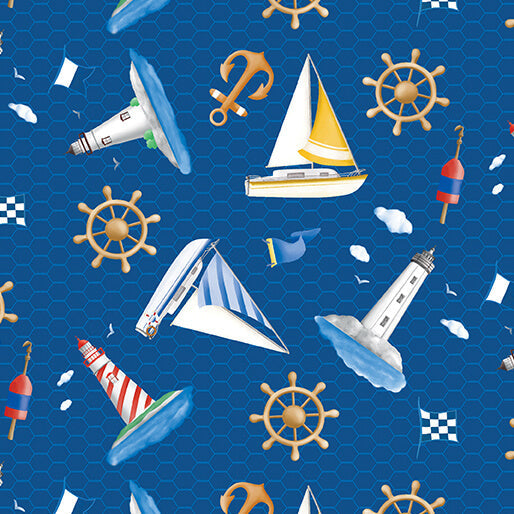Sail Away - Lighthouses & Sailboats - Navy (3-Yard Pack)