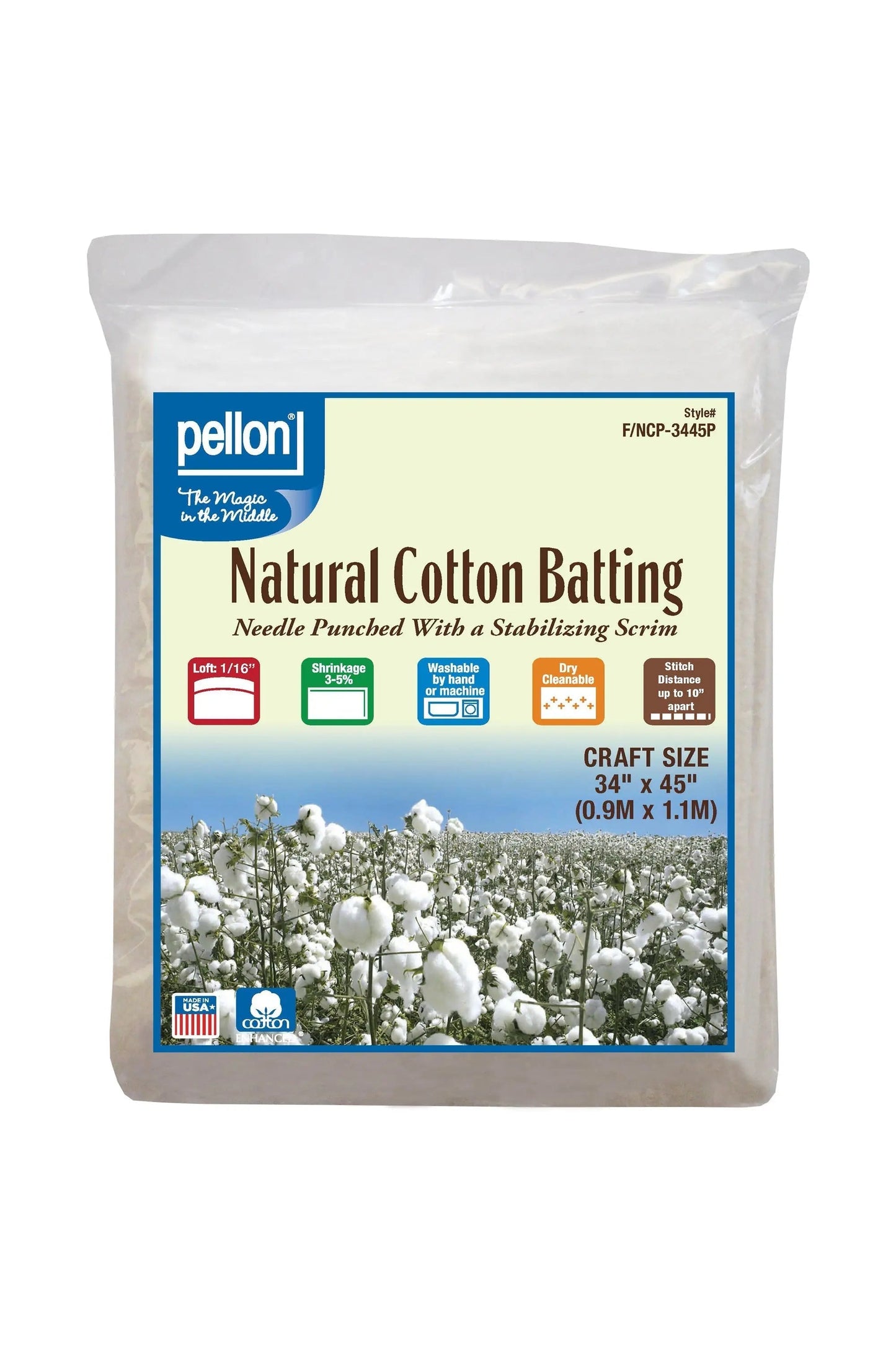 Pellon® Natural Cotton Batting With Scrim 34" x 45" Craft Size Package