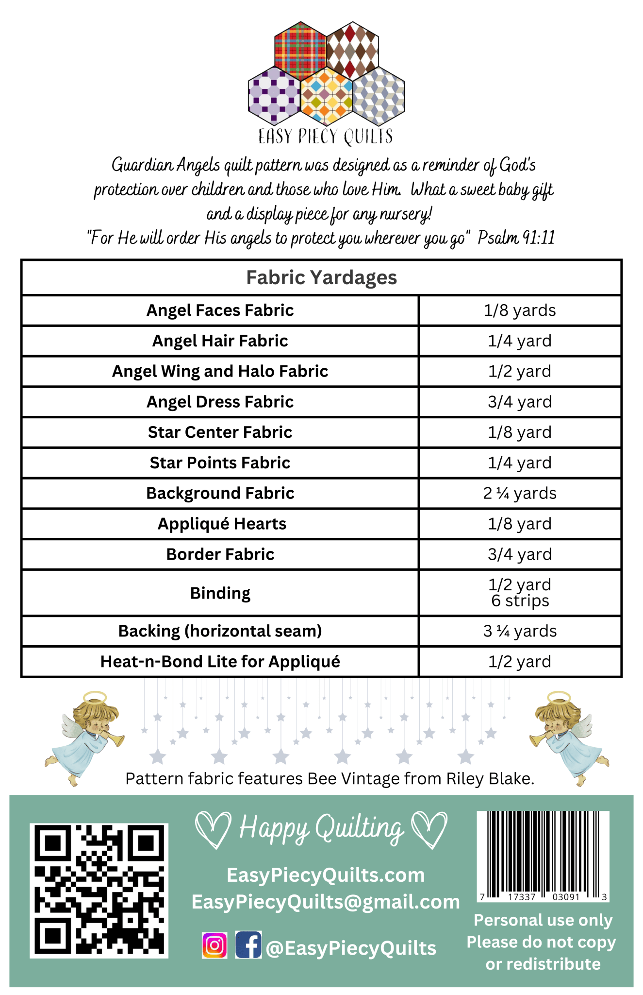 Guardian Angels Quilt Pattern, Paper Print Version Mailed