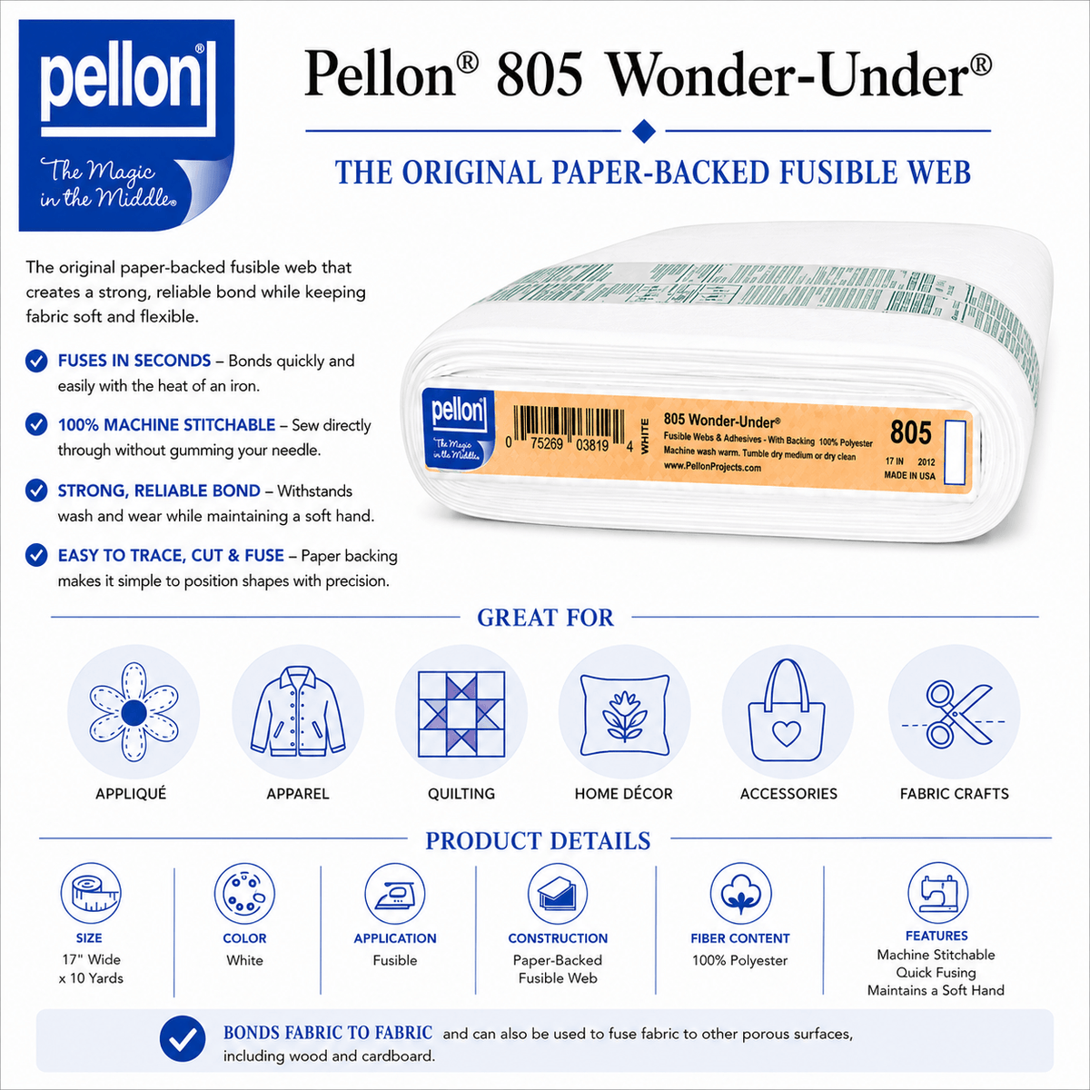 Pellon® 805 Wonder-Under® 17" x 10 yard Bolt (White)