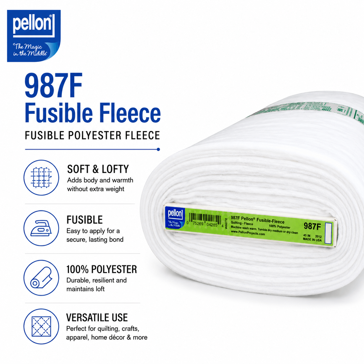 Pellon® 987F Fusible Fleece – 45" x 10 yard Bolt (White)