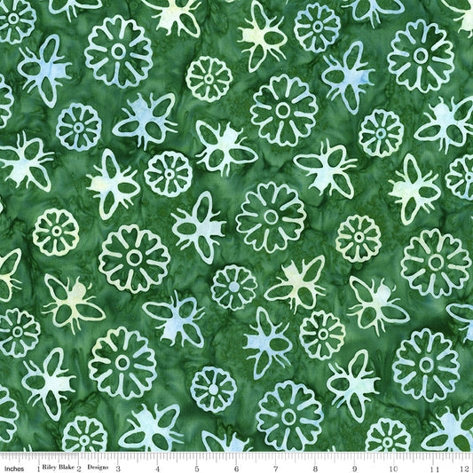 Expressions Batiks - Watercolor Daisies - Dark Vintage Green (3-Yard Pack)