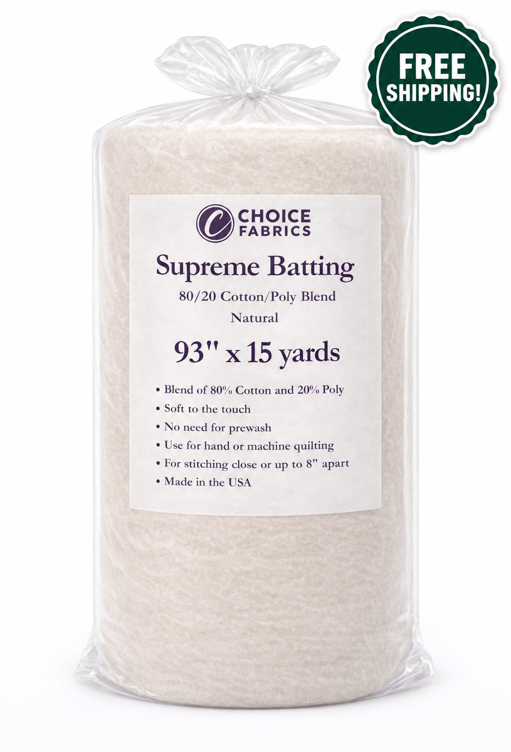 Choice Supreme Batting - 80/20 Cotton/Poly Blend - 15 Yard Roll (93" x 15yds)