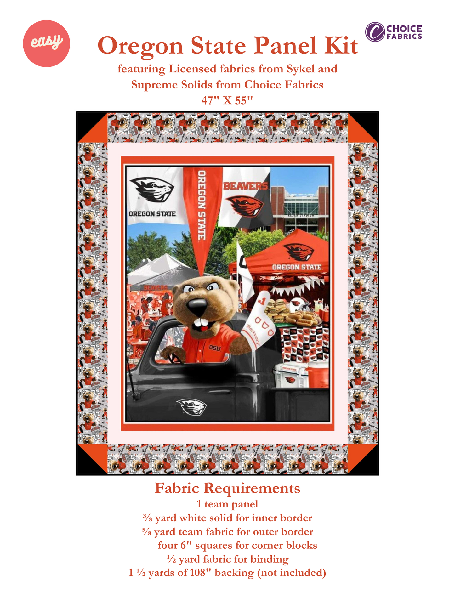 Oregon State Beavers - Tailgate Panel - Quilt Kit