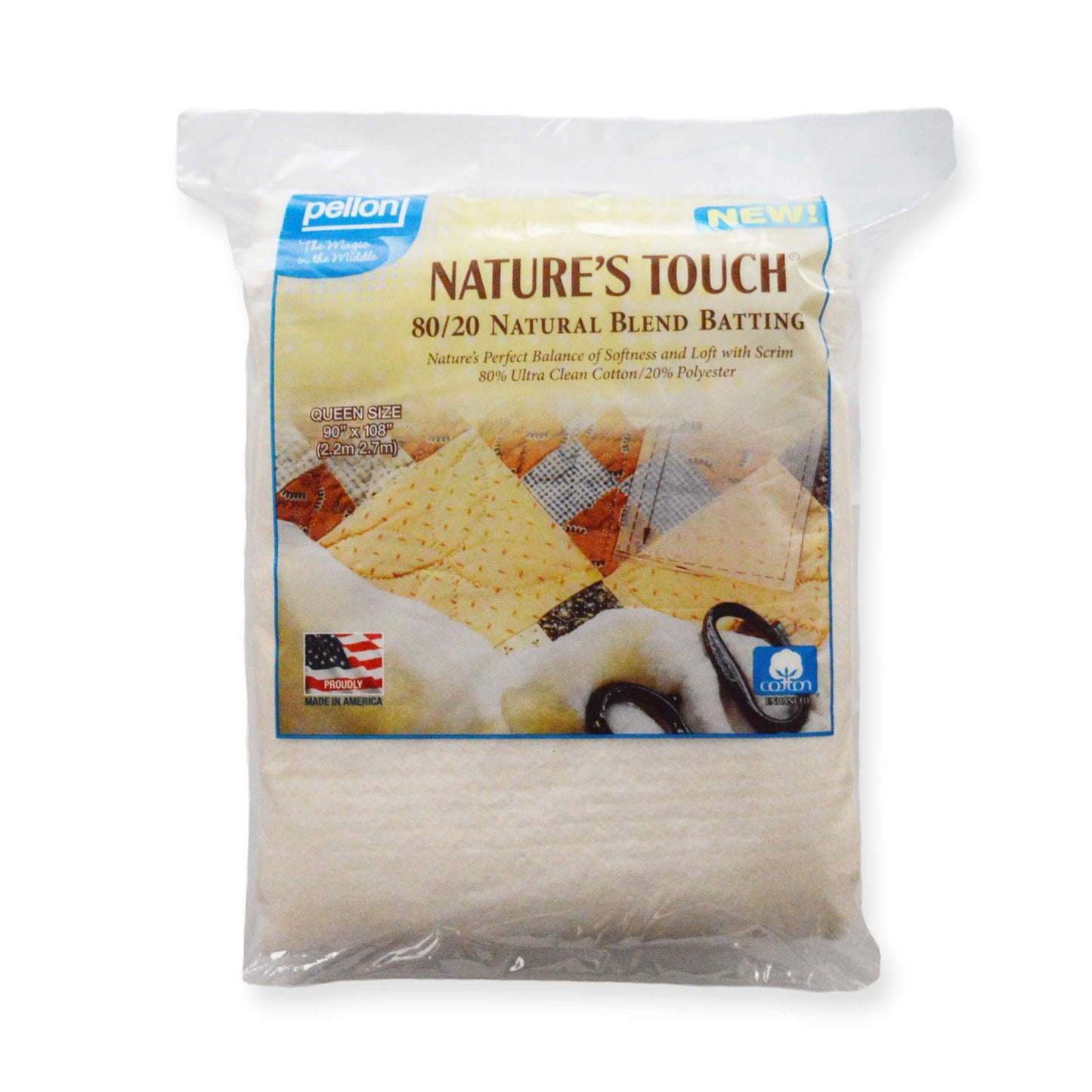 Pellon® 80/20 Cotton/Polyester Batting With Scrim – 90" x 108" Queen Size Package – Natural