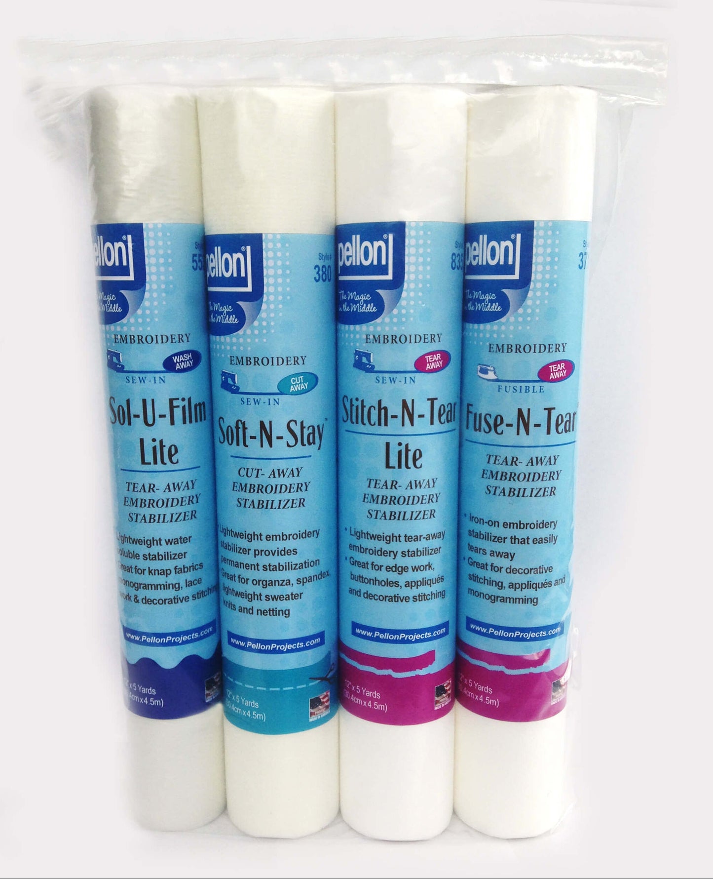 Pellon® Embroidery Stabilizer Sampler Pack – 4 Rolls, 12" x 5 Yards Each