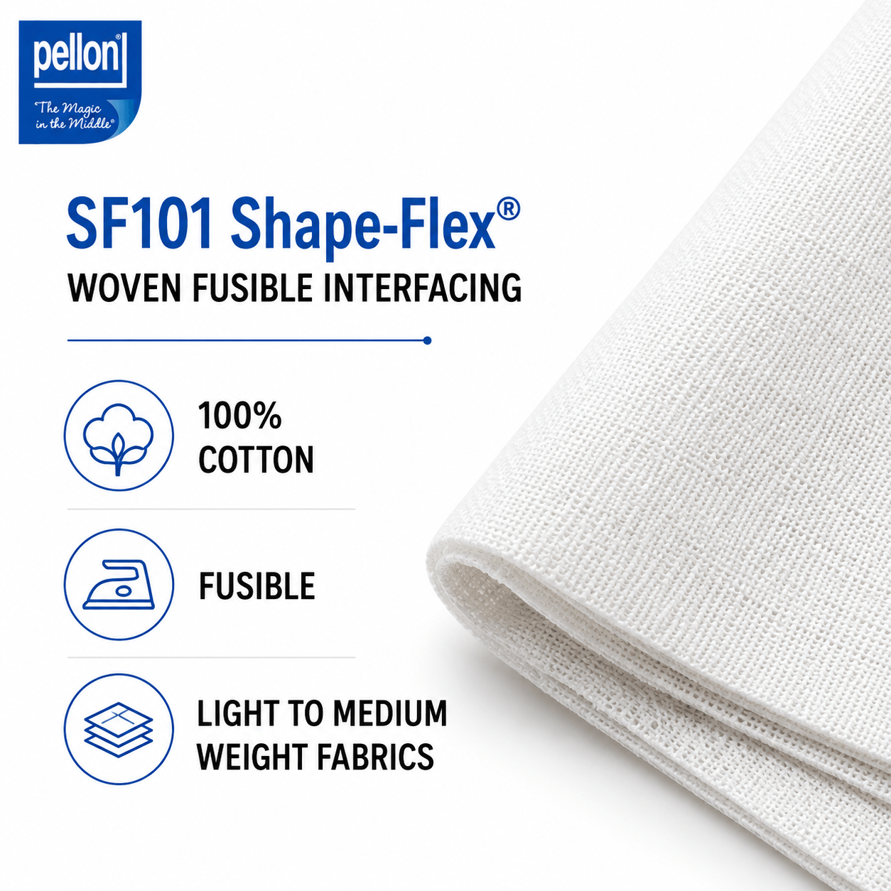 Pellon® SF101 Shape-Flex® Fusible Woven Cotton Interfacing – 20" x 10 Yard Bolt (White)