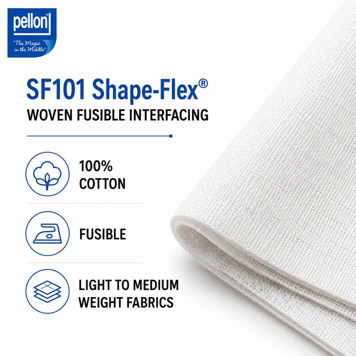 Pellon® SF101 Shape-Flex® Fusible Woven Cotton Interfacing – 20" x 10 Yard Bolt (White)