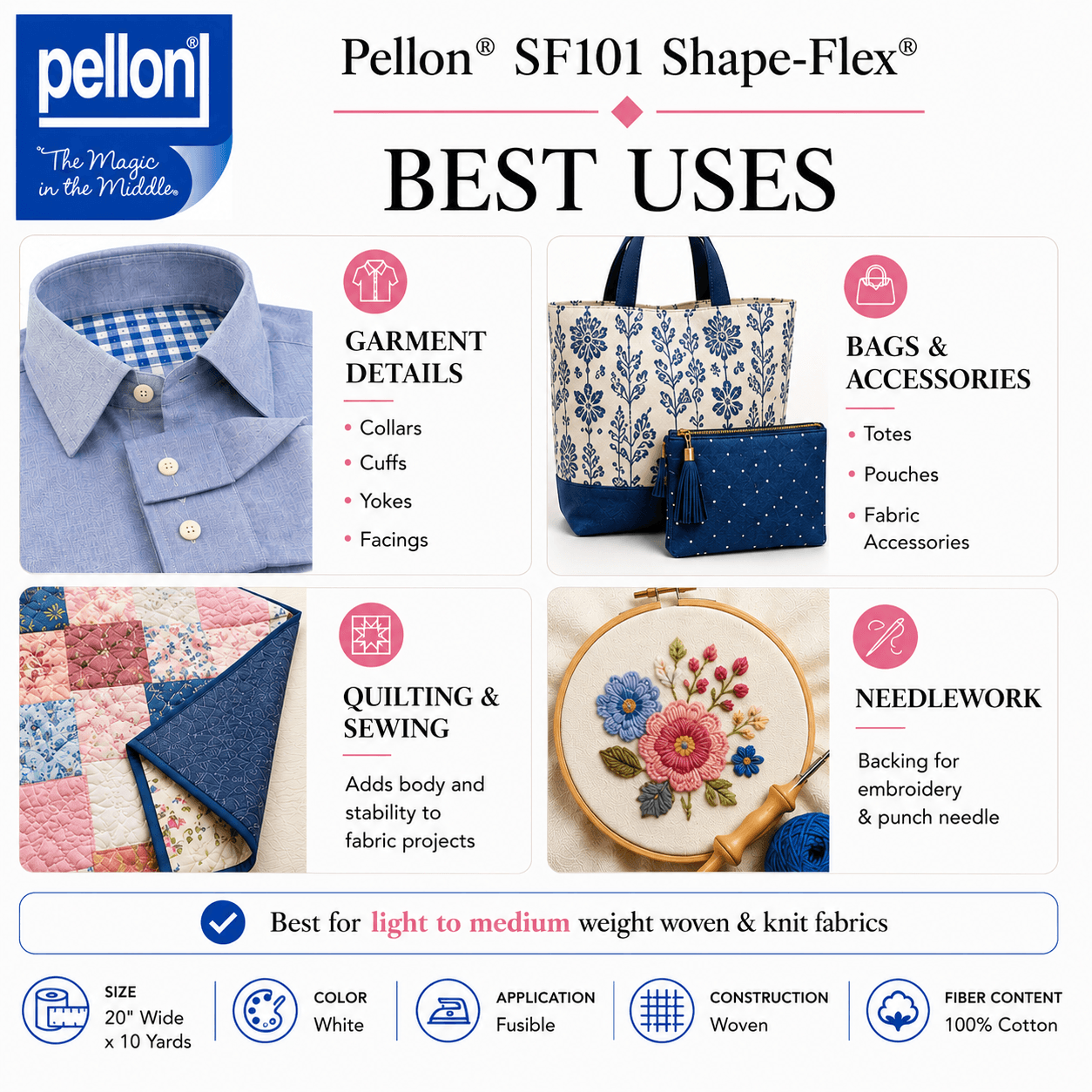 Pellon® SF101 Shape-Flex® Fusible Woven Cotton Interfacing – 60" x 10 Yard Bolt (White)